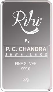 Rihi By P.C. Chandra Jewellers 999 Purity Silver Bar cum Coin 50 Gram, New Item Dimensions: 3.6 X 5.23 Centimeters Price In India