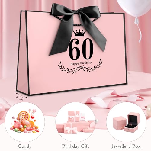 Image of JMANNI 60th Birthday Gift Bag, Pink with Black Satin Bow & Crown Design, Medium Happy 60th Birthday Present Bag for Party Favors, Size 12.60 inchx8.66 inchx4.33 inch