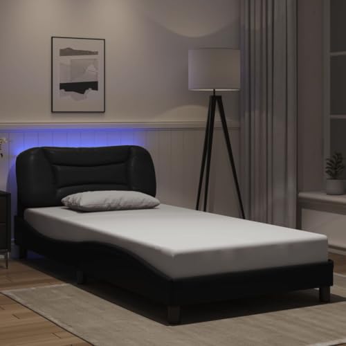 vidaXL Bed Frame with LED Lights - Single Bed 100x200 cm - Black Faux Leather with Plywood Slats - Ambient Lighting - Stylish Waved Design
