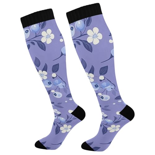 BOESI Doodle Blueberry and White Flower Compression Socks, Women's and Men's Knee High Running Socks for Sports