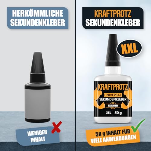 Sekundenkleber extra stark Gel 50 g – XXL Superkleber für Holz, Metall, Kunststoff, Glas – tropffrei, hitze- & wasserfest – für Reparaturen in Haushalt, Werkstatt, Auto, DIY & Modellbau – KRAFTPROTZ
