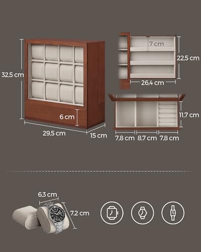 SONGMICS JOW014K01 szkatułka na zegarki z 12 szufladkami, drewniane pudełko na zegarki z oknem, drewniana szafyczka ekspozytorska z litego forniru, pionowe przechowywanie, oszczędność miejsca, pomysł