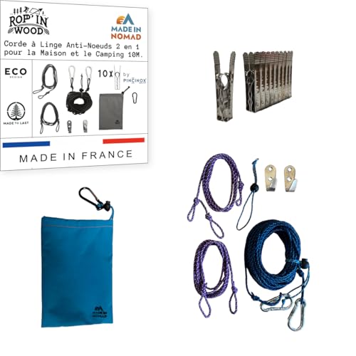 Rop'in Wood: Cuerda Tendedero Exterior Interior 10 M, con 2 Correas para Árboles, 2 Ganchos, 2 Mosquetones, 10 Pinzas Ropa Inox Irrompibles, Tendedero Pared y Camping Accesorios 2 en 1, Made in France