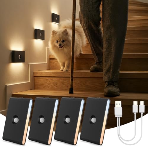 Luz Nocturna con Sensor de Movimiento/Crepuscular a Pilas, Lampara LED Recargable 3 Modos AUTO ON/OFF, Luz Noche Regulable Blanco Cálido/Natural/Frío para Escalera, Pasillo, Cocina, Sótano, 4 Piezas
