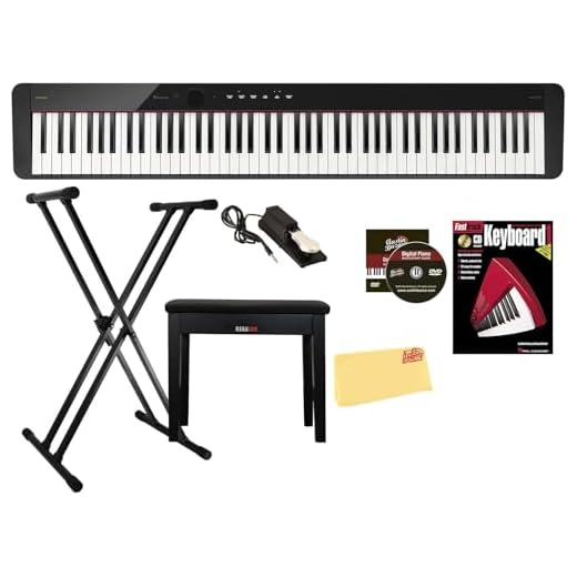 Casio PX-S1100 Privia Digital Piano - Black Bundle with Adjustable Stand, Bench, Sustain Pedal, Instructional Book, Online Lessons, Instructional DVD, and Austin Bazaar Polishing Cloth