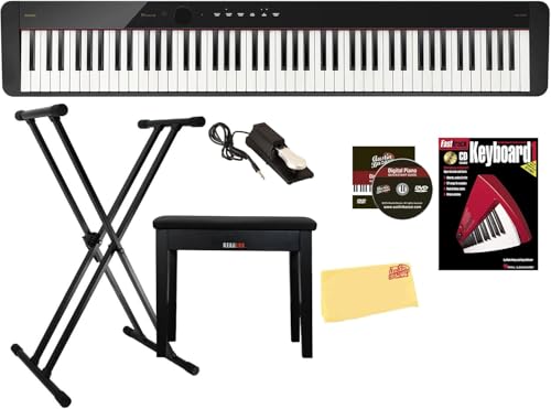 Casio PX-S1100 Privia Digital Piano - Black Bundle with Adjustable Stand, Bench, Sustain Pedal, Instructional Book, Online Lessons, Instructional DVD, and Austin Bazaar Polishing Cloth