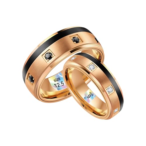 LerchPhi 6MM 8MM Couple Wedding Rings Set, Tungsten Carbide Promise Rings with CZ Stones Pave, Stylish Black and Rose Gold Rings, Men Size 12.5 and Women Size 9