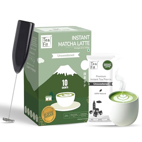 Image of TeaFit Ceremonial NO SUGAR Instant Matcha Latte Premix + Frother, 180g (10 Sachets) from Uji, Japan | Vibrant Green, Velvety Smooth Japanese Matcha with Unsweetened Milk | Coffee Alternative | Diabetic Friendly