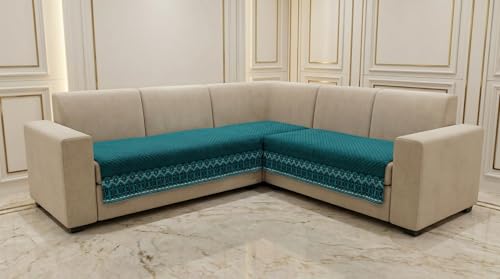Image of Velvet Quilted Sofa Cover Mat Seat & Back, L Shape 4+3, Main L90in Chaise L69in H32in, Peacock Blue Color,Anti Skid Backing, 6in Hanging Strap Design, Style -PeacockBlue-L43