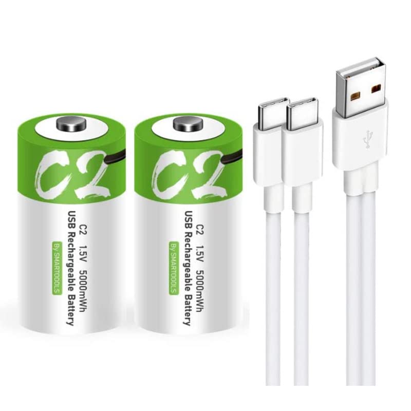 BTLIPO 2-Pack C Size 1.5V 5000mWh Rechargeable Battery Universal USB Type C Charging Cable Batteries Fast Charge Lipo
