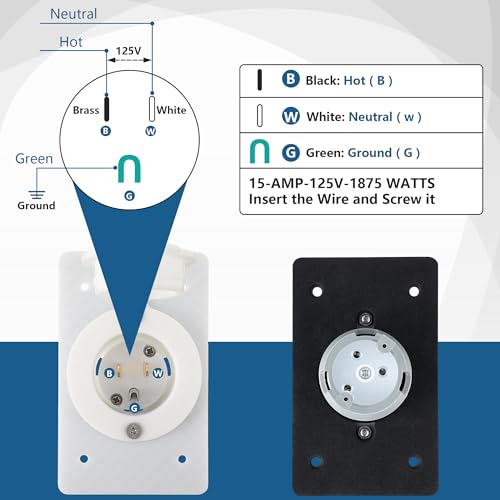 1 Pack 15AMP Straight Blade Flanged Male Power Inlet Receptacle, 15 A, 125V NEMA 5-15P Integrated Nylon Faceplate Body and Rubber Waterproof Cover Electrical Outlet for Home/car/Boat/RV Inlet (White) by Dreyoo - Image 5