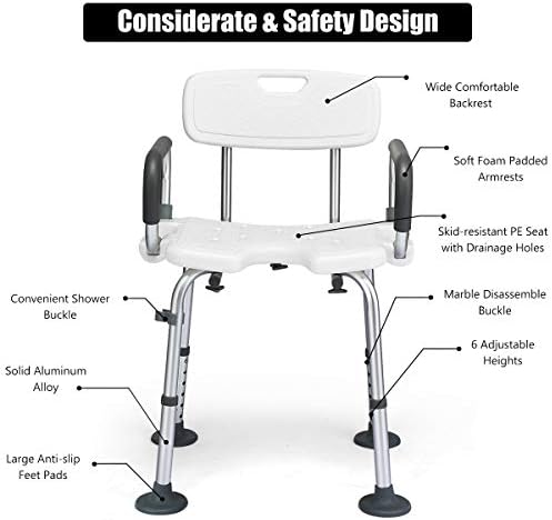 Multigot Shower Chair, Height Adjustable U-Shaped Bath Stool with Anti-Slip Helical Pads, Shower Buckle, Removable Back and Armrests, Aluminium Bathroom Seat for Elderly Disabled Seniors