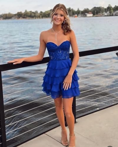 Tiered Skirt Homecoming Dresses with Lace Applique Short Prom Dress for Teens Mini Cocktail Party Gown HO0734