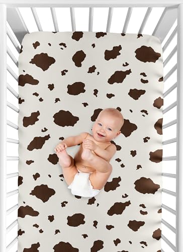 Image of Sweet Jojo Designs Cow Print Girl Boy Gender Neutral Unisex Baby Fitted Crib Sheet Infant Newborn Nursery Toddler Bed Room Standard Mattress Brown Vintage Animal Print for Western Cowgirl Southwest