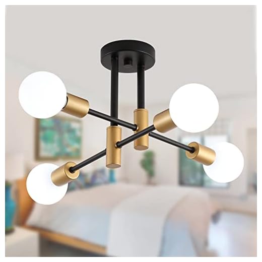 MEIXISUE Black and Gold Modern Sputnik Chandelier Ceiling Light Fixtures,4-Lights Mid Century Industrial Metal Semi Flush Mount Ceiling Lights for Bedroom Kitchen Hallway Entryway Office UL Listed