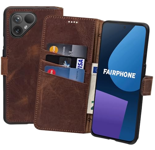 Suncase Book-Style Hülle kompatibel mit Fairphone 4 Leder Tasche (Slim-Fit) Lederhülle Handytasche Schutzhülle Hülle mit 3 Kartenfächer in antik-Coffee