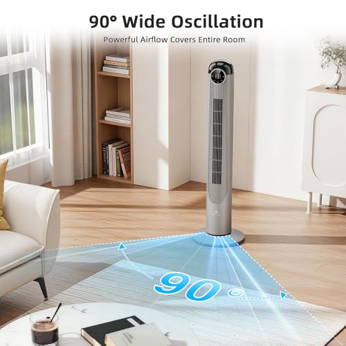 Image of Antarctic Star T42 Tower Fan-42 Inch, Bladeless Oscillating Fan with Remote, 6 Speeds & 4 Modes, LED Display, 9H Timer, Quiet Floor Standing Fan for Bedroom Living Room Office, Grey