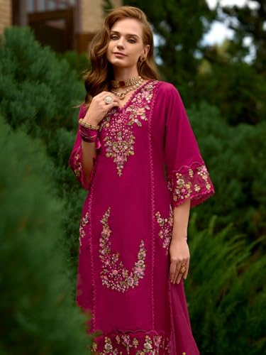Image of INDO ERA Women's Straight Cotton Blend Floral Embroidered Kurta & Pant with Dupatta Set