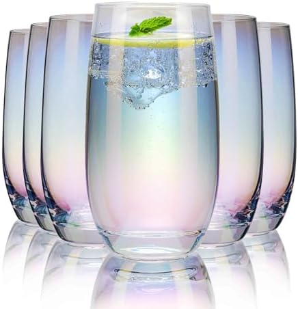 CUKBLESS Iridescent Drinking Glasses Set of 6 ，Crystal Highball Water ...
