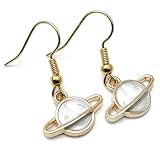 White Planet Charm Earrings, Small Enamel Saturn Charms on Nickel Free Gold Tone Hooks : 30mm, Gift for Women, Starry Night Lover, Planet Drop Earrings