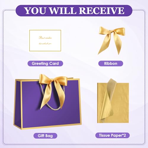 Image of JMANNI Gift Bags with Handles, 13 inch Medium Gift Bag for Presents, 1 Pcs Bags with 2 Tissue Paper and 1 Cards for Baby Shower Wedding Bridal Shower Mother's Day Birthday Party (Purple-gold