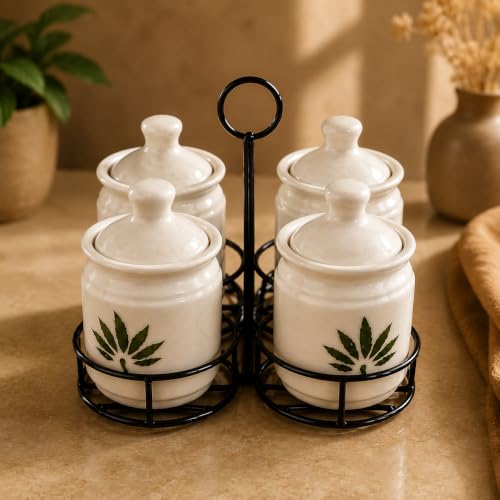 Image of Niyara Multipurpose Storage Ceramic Pickle set Jars with Lid & tray (Set of 4, 300 ml) (green flower print set of 3)