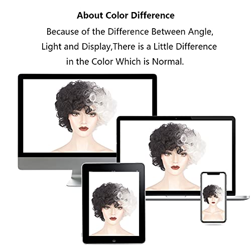 Weken Black And White Wig Short Afro Half Black Half White Wig For Girls Cruella Deville Costume Cosplay Women Synthetic Wig Daily Halloween Party #TOP4