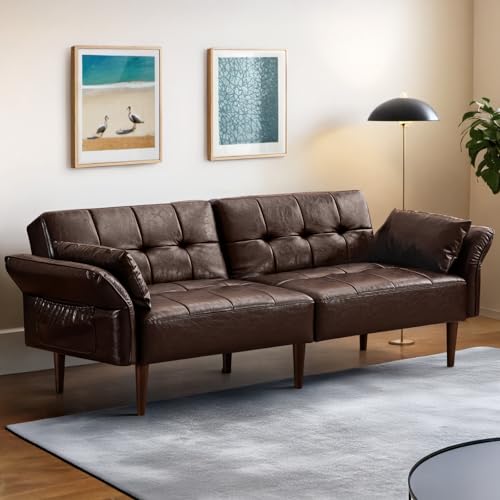 Image of HALLYBEE 85 inch Futon Sofa Bed, Sleeper Sofa, Small Couch with Storage Adjustable Armrests Pillows, Faux Leather Loveseat, Mid Century Modern Couches for Living Room, Bedroom, Apartment, Coffee Brown
