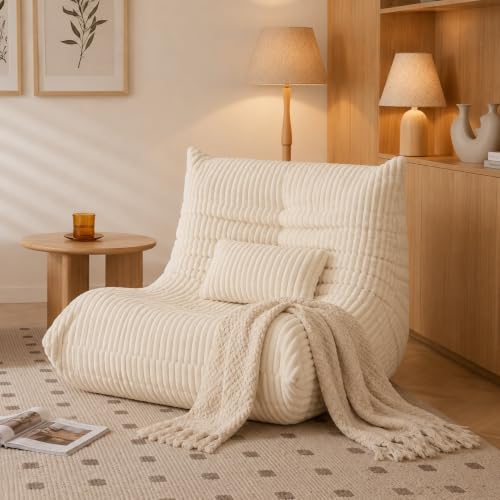 Bean Bag Chair with Lumbar Pillow, Gaint Bean Bag Chairs for Adults, Oversized Corduroy Beanbag Chair with Memory Foam Filled, Lazy Floor Sofa for Reading Gaming Living Room Bedroom (Beige)