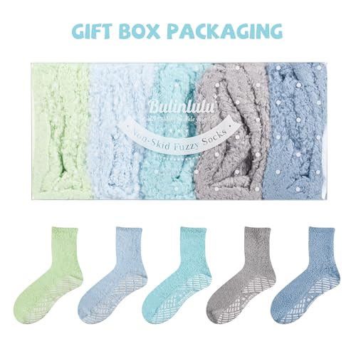 Image of Bulinlulu Fuzzy Socks With Grips for Women, 5 Pairs Non Slip Sleep Warm Fluffy Slipper Socks Gifts for Women