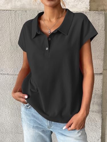 Womens Cotton Cap Sleeve Polo Shirts Oversized Short Sleeve Henley Neck Tops Summer Loose Fit Boxy Tees3
