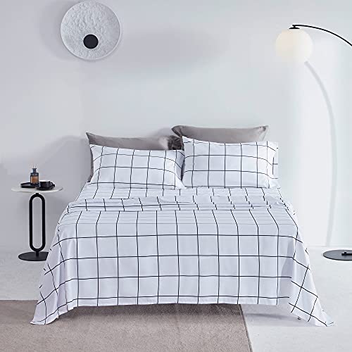 Sleep Zone Printed Plaid Queen Size Sheet Set 4 Piece - Double Brushed Microfiber Super Soft Breathable Bedding Sheets With 16 Inch Deep Pocket (Black Grid Printed On White) #TOP6