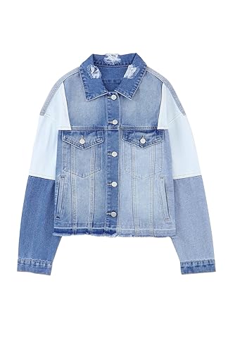Meufam Womens Denim Jacket Shacket Distressed Jean Jacket Casual Patchwork Fashion Color Block Button Down Coat2
