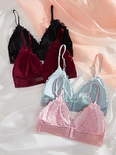 Image of RoseSeek Women's 4 Pack Floral Lace Adjustable Straps Wireless Bra Scallop Trim Molded Bralettes Sets