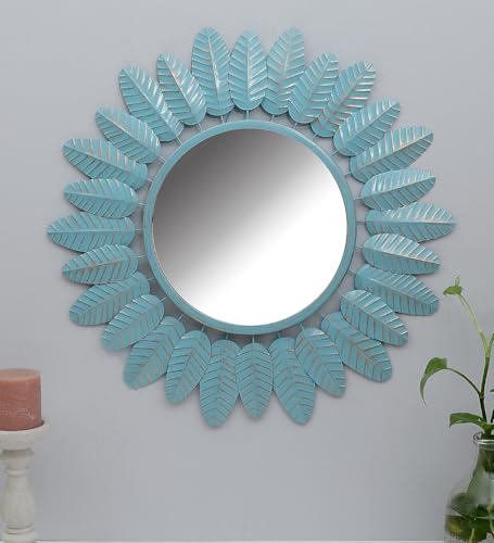 Image of Artemade Decorative Round Iron Wall Mirror - Vintage Flower Leaf Frame, Wall Mounted Hanging Mirror for Living Room & Home Decor, Sky Blue Metal Art Mirror