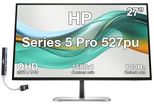 Image of HP Series 5 Pro 527pu 27 inch QHD IPS Monitor with 5ms Response Time, Anti Glare, Flicker Free, Pivot, VESA Mount (100mm), Displayport, HDMI, & Dockztorm USB Port Expander, Black /Silver (9E0G5AA#ABA)