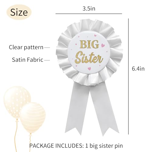 Image of Big Sister Tinplate Badge Pin White Satin Fabric Happy Birthday Themed Button Pin Party Decorations Award Ribbon Badge