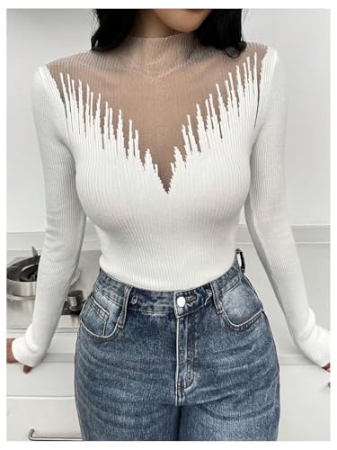 Image of RoseSeek Women's Color Block Mock Neck Sweaters Ribbed Knit Long Sleeve Slim Fit Pullover Tops White Small