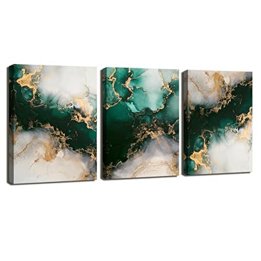 Emerald Green Wall Art,for Dining Room Bedroom Bathroom Living Room Wall Decor, Green and Gold Abstract Canvas Wall Art, Modern Glam Home Office Wall Decoration 12" X 16" X 3 Pieces