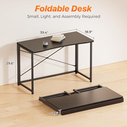 Image of Huuger Folding Desk for Small Spaces, 39.4 Inch Foldable Computer Table | Easy Assembly, Small Writing Work Office Computer Desk, for Home Office, Study, Bedroom, Dorm, Space Saving, Black