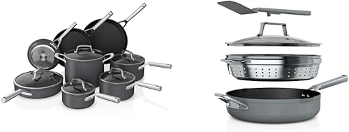 Ninja C39600 Foodi NeverStick Premium - Juego de utensilios de cocina anodizados duros gris y CW102GY Foodi NeverStick PossiblePan juego premium con