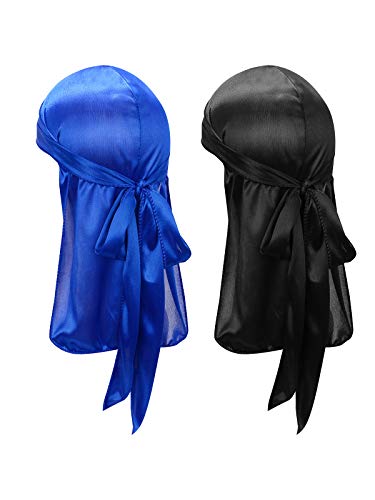 Century Star Kids Silky Satin Durags Head Wrap Silk Durag for Baby Boy Girls Wave Cap Wide Strap Long Tail Turban Beanies Black& Royal Blue