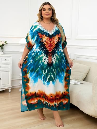 Image of KECVOT Kaftan Dresses for Women V-Neck Print Swimsuit Cover Up Plus Size Beach Caftan Lounge Dress