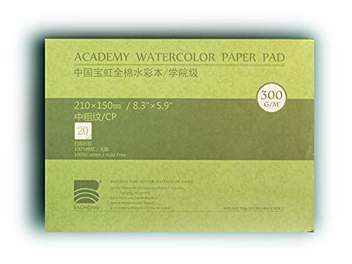 BAOHONG Academy Grade Watercolor Block, 100% Cotton, Acid-Free, 140LB/300GSM, Cold Press Textured, 20 Sheets per Block (Cold Press 8.3