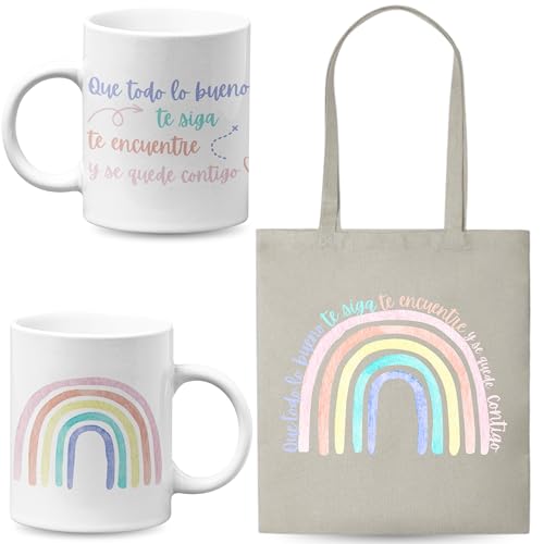 Quodelo Pack Taza y Bolsa Tote Regalo Amiga Cumpleaños Diseño Arcoíris Motivador Apta Microondas y Lavavajillas Detalle Original para Mejores Amigas y Familia Kit Completo 350ml y Bolso Tela Multiusos
