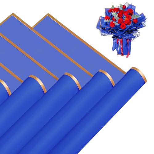 Jocomoni 20 Sheets Flower Wrapping Paper, Waterproof Floral Bouquet Fresh Flower Wrapping Paper Gold Edge Florist Supplies Gift Packaging Material, 22.8x22.8 inch (Blue)