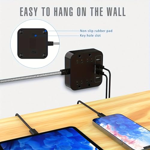 Extensión con enchufe plano, 5 pies, filtro múltiple con 4 puertos USB y 4 tomas amplias, montaje en pared, estación de carga para oficina, viaje y dormitorio miniatura 5