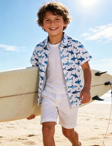 Image of Boys Hawaiian Shirt Kids Button Down Aloha Beach Hawaii Tops 5-14Y | Quick Dry, Breathable, Cooling & Lightweight, For Summer Vacation Holiday, Fourth of July, Youth, Teen, Shark, Dinosaur