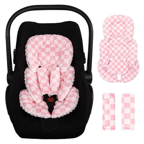 Image of Infant Car Seat Insert Cushion, Baby Car Seat Head Body Support for Girls & Boys, Reversible Newborn Car Seat Insert with 2 Extra Strap Paddings, Premature Car Seat Cushion, Pink Checkerboard