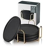 Viski Earthenware Coasters Set of 4 - Ceramic Drink Coasters - Outdoor Coasters for Drinks - Unique Coasters with Gold Stand Black